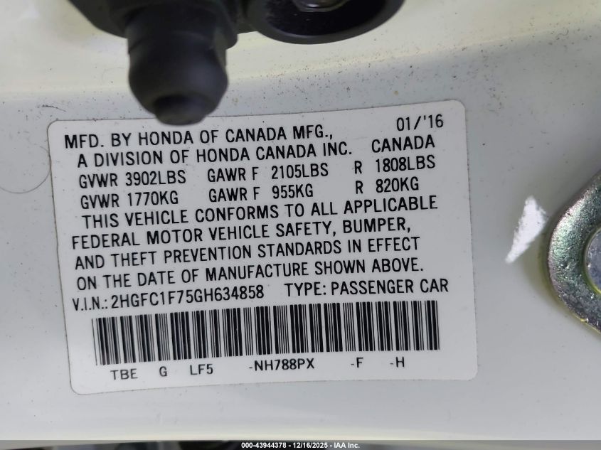 2016 Honda Civic Ex-L VIN: 2HGFC1F75GH634858 Lot: 43944378