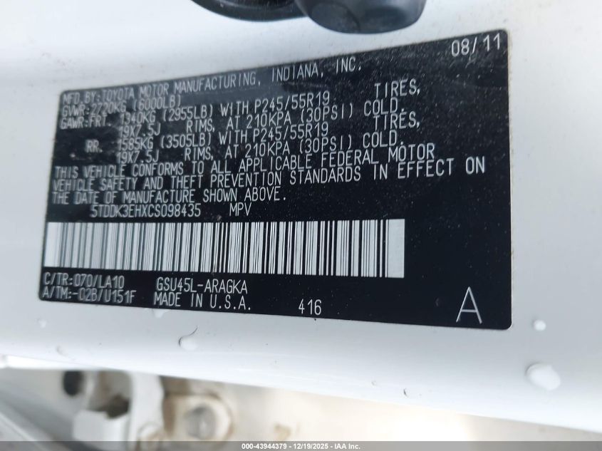 2012 Toyota Highlander Limited V6 VIN: 5TDDK3EHXCS098435 Lot: 43944379