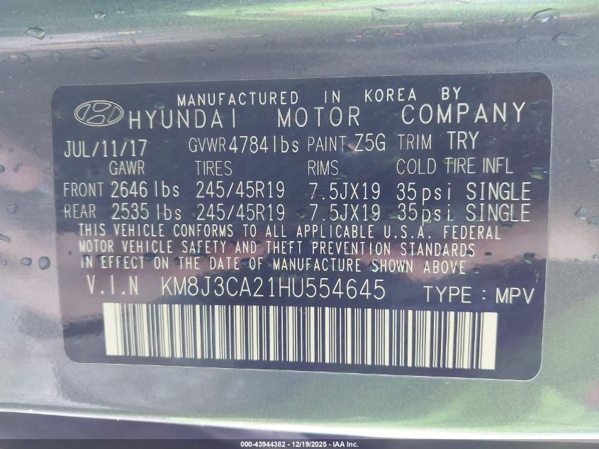 2017 Hyundai Tucson Value VIN: KM8J3CA21HU554645 Lot: 43944382