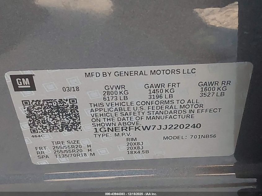 2018 Chevrolet Traverse Ls VIN: 1GNERFKW7JJ220240 Lot: 43944383