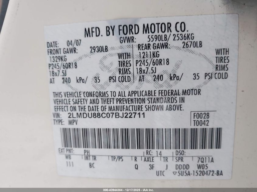 2007 Lincoln Mkx VIN: 2LMDU88C07BJ22711 Lot: 43944384