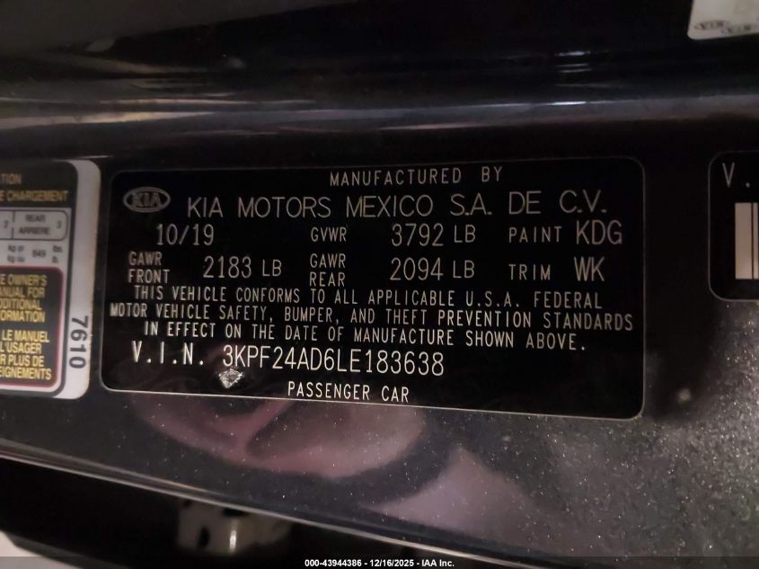 2020 Kia Forte Lxs VIN: 3KPF24AD6LE183638 Lot: 43944386