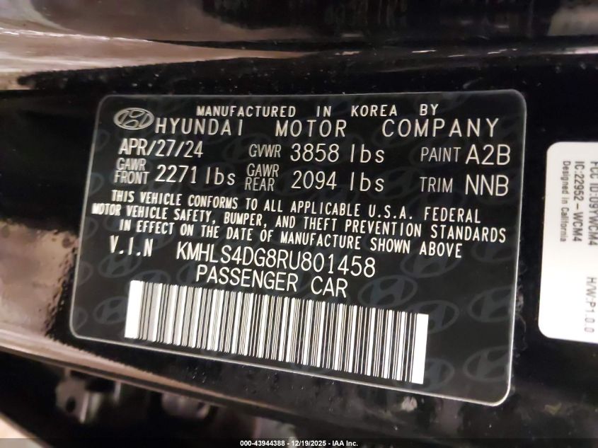 2024 Hyundai Elantra Sel VIN: KMHLS4DG8RU801458 Lot: 43944388