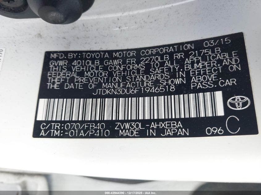 2015 Toyota Prius Three VIN: JTDKN3DU6F1946518 Lot: 43944390