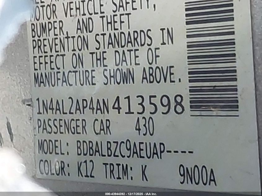 2010 Nissan Altima 2.5 S VIN: 1N4AL2AP4AN413598 Lot: 43944392