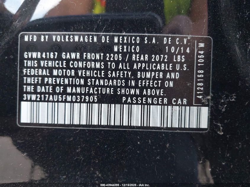 2015 Volkswagen Golf Tsi S 4-Door VIN: 3VW217AU5FM037905 Lot: 43944395