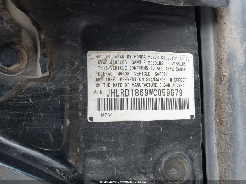 1998 Honda Cr-V Ex VIN: JHLRD1869WC059679 Lot: 43944396