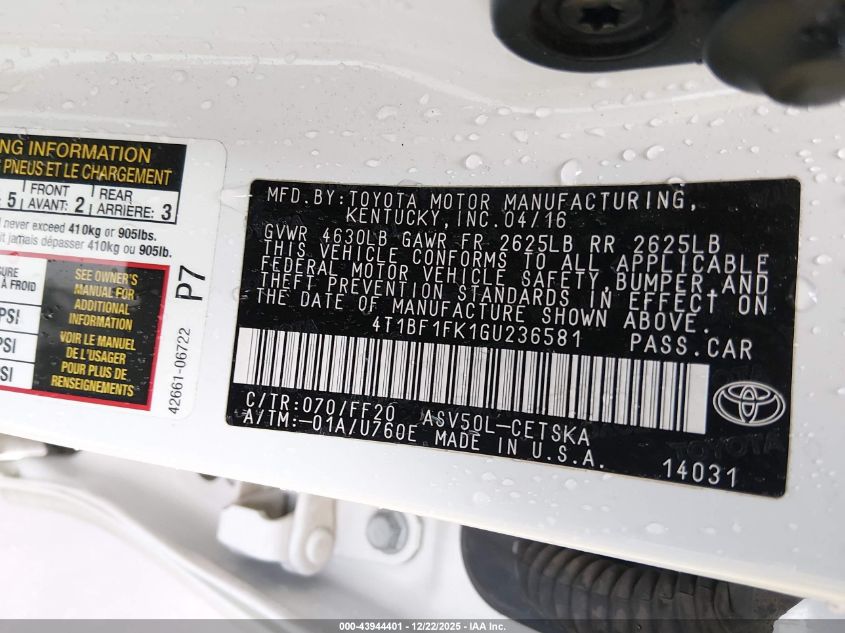 2016 Toyota Camry Se VIN: 4T1BF1FK1GU236581 Lot: 43944401