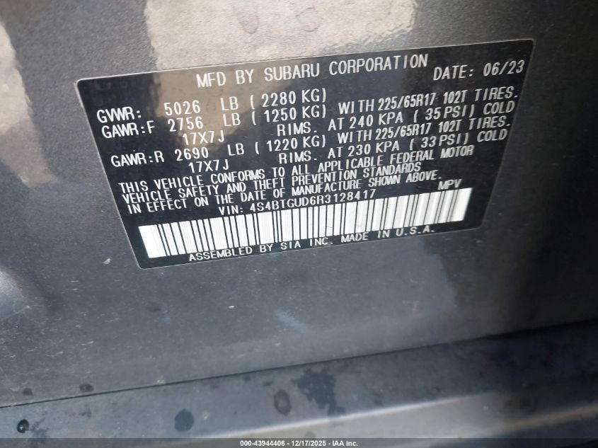 2024 Subaru Outback Wilderness VIN: 4S4BTGUD6R3128417 Lot: 43944406