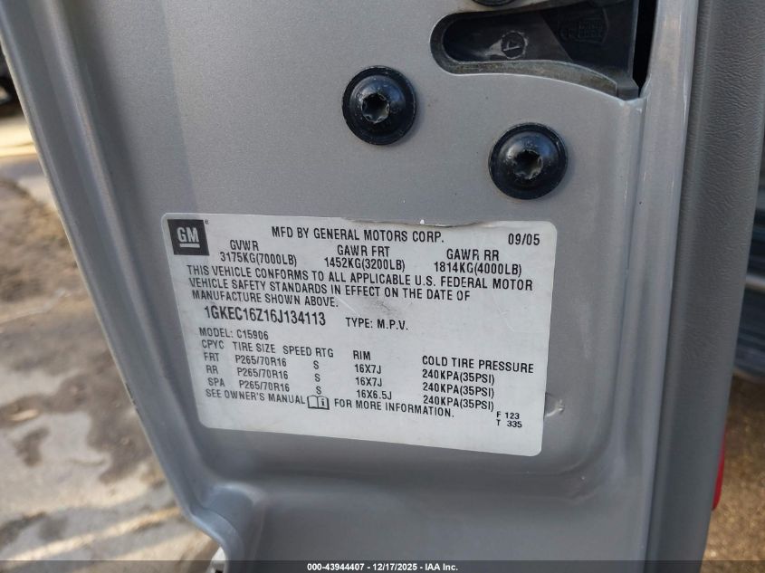2006 GMC Yukon Xl 1500 Sle VIN: 1GKEC16Z16J134113 Lot: 43944407