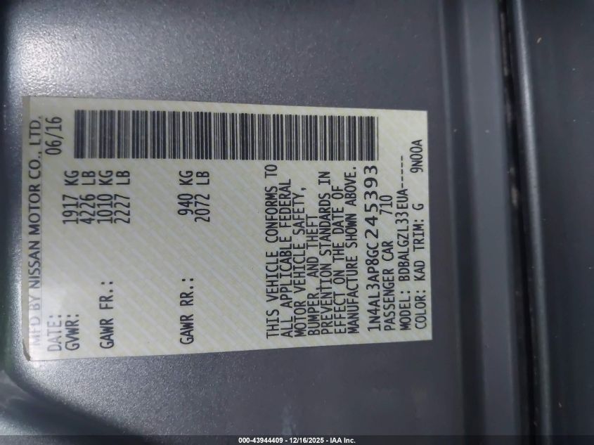 2016 Nissan Altima 2.5/2.5 S/2.5 Sl/2.5 Sr/2.5 Sv VIN: 1N4AL3AP8GC245393 Lot: 43944409