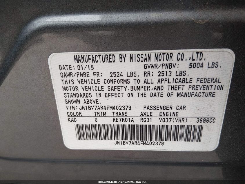 2015 Infiniti Q50 Sport VIN: JN1BV7AR4FM402379 Lot: 43944410