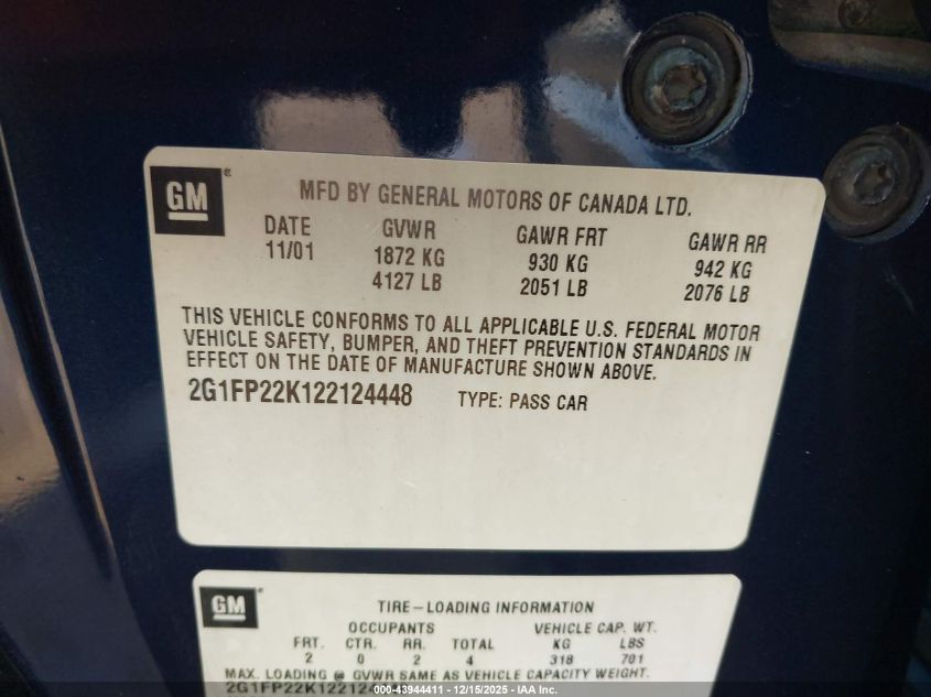 2002 Chevrolet Camaro VIN: 2G1FP22K122124448 Lot: 43944411