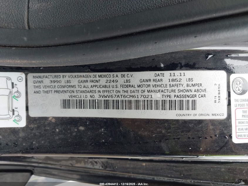 2012 Volkswagen Beetle 2.0T VIN: 3VWV67AT6CM617021 Lot: 43944412