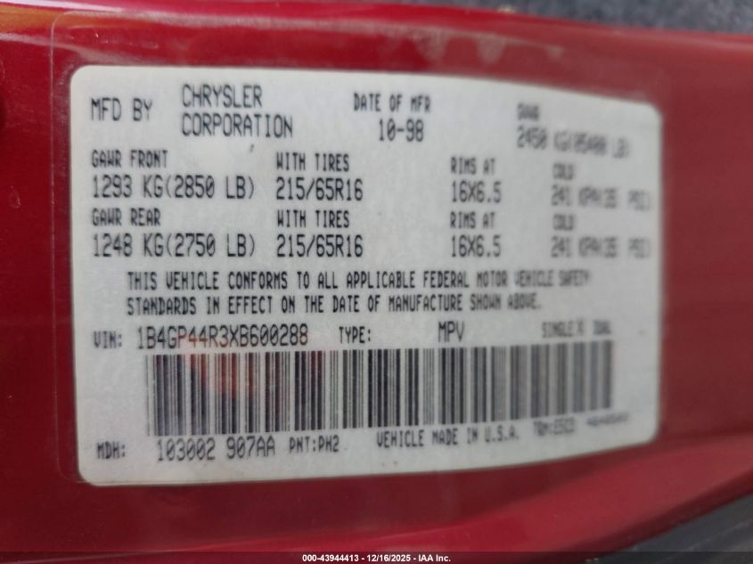 1999 Dodge Grand Caravan Se VIN: 1B4GP44R3XB600288 Lot: 43944413