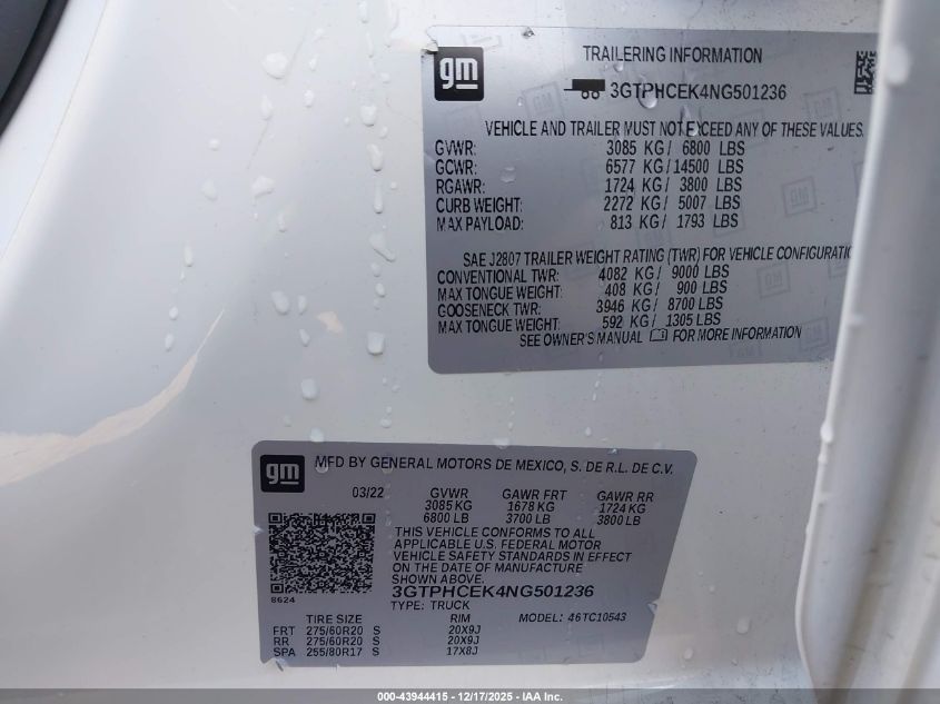 2022 GMC Sierra 1500 2Wd Short Box Elevation VIN: 3GTPHCEK4NG501236 Lot: 43944415