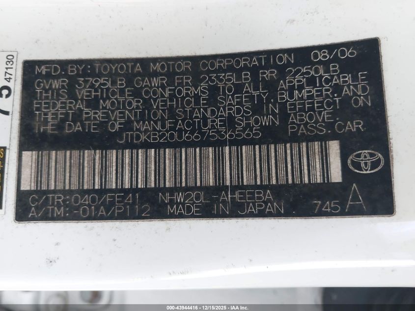 2006 Toyota Prius VIN: JTDKB20U667536565 Lot: 43944416