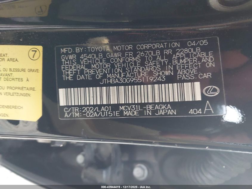 2005 Lexus Es 330 VIN: JTHBA30G955119243 Lot: 43944419