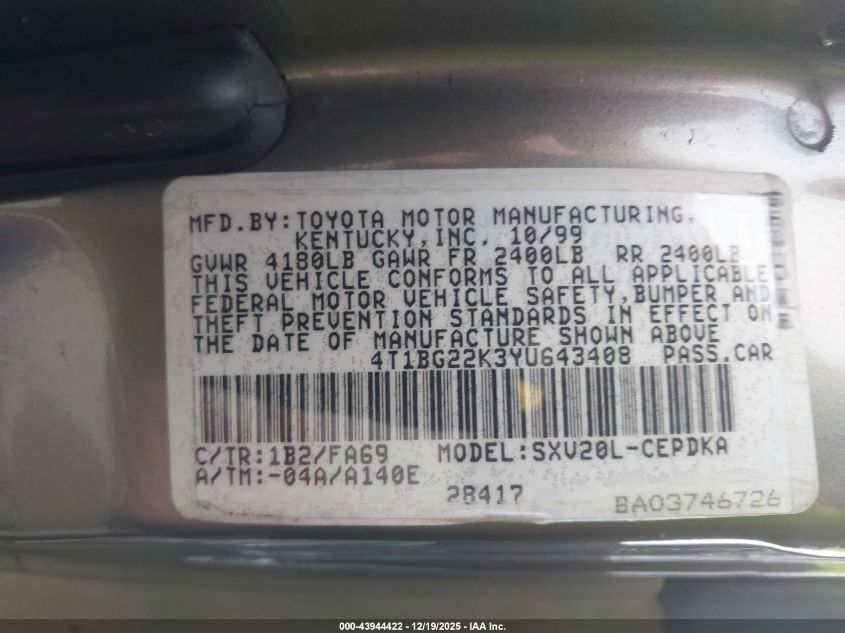 2000 Toyota Camry Ce VIN: 4T1BG22K3YU643408 Lot: 43944422