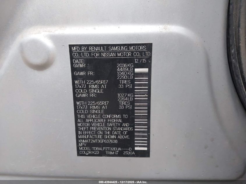 2016 Nissan Rogue S VIN: KNMAT2MT3GP637638 Lot: 43944425