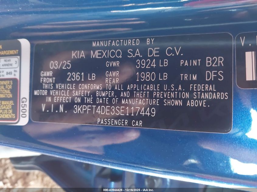 2025 Kia K4 Lxs VIN: 3KPFT4DE3SE117449 Lot: 43944426