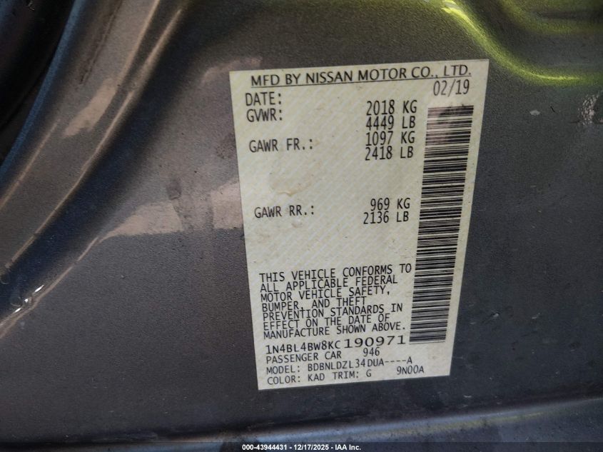 2019 Nissan Altima 2.5 S VIN: 1N4BL4BW8KC190971 Lot: 43944431