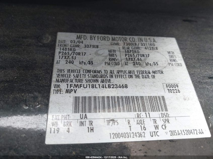 2004 Ford Expedition Eddie Bauer VIN: 1FMFU18L14LB23468 Lot: 43944434