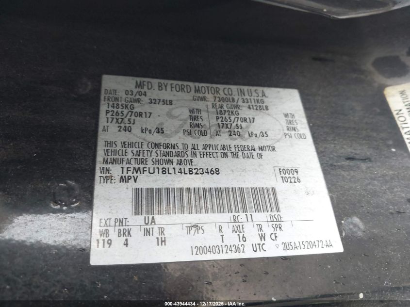 2004 Ford Expedition Eddie Bauer VIN: 1FMFU18L14LB23468 Lot: 43944434