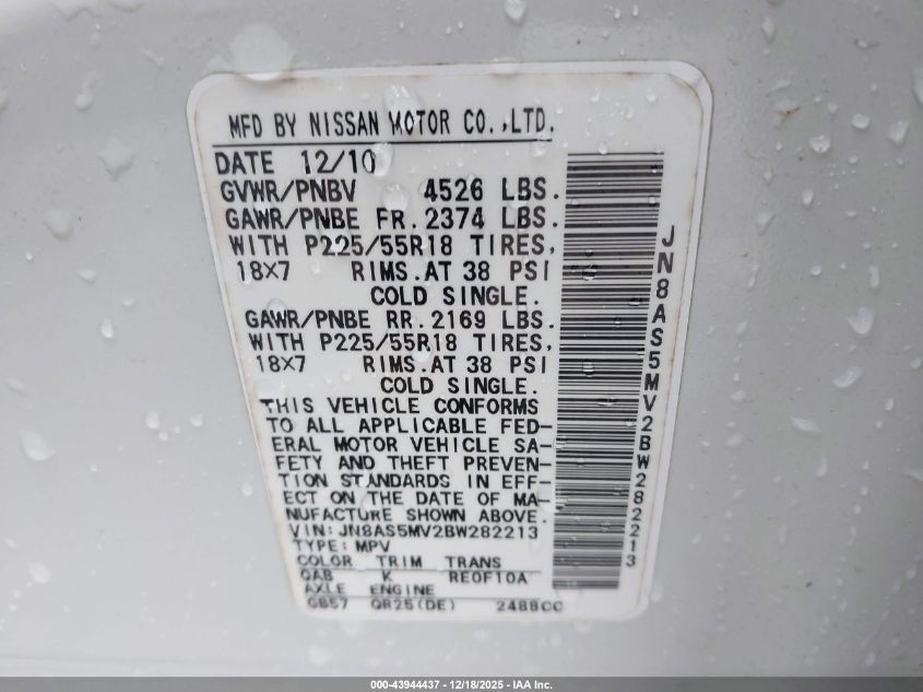 2011 Nissan Rogue Sv VIN: JN8AS5MV2BW282213 Lot: 43944437