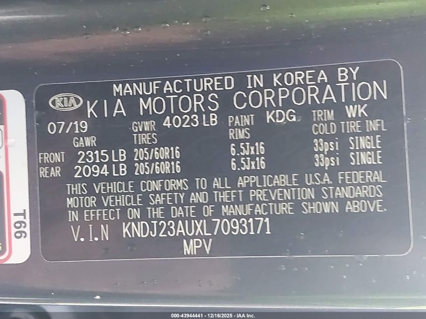 2020 Kia Soul S VIN: KNDJ23AUXL7093171 Lot: 43944441