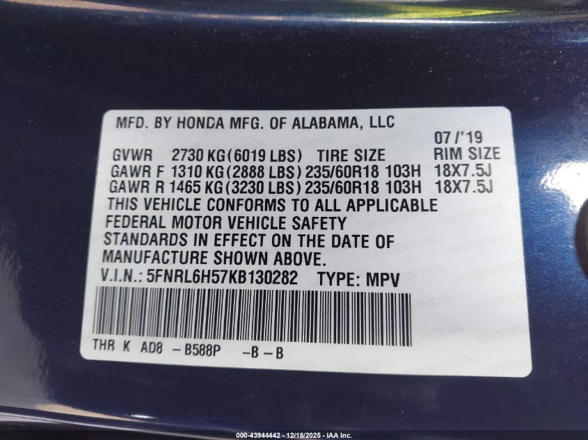 2019 Honda Odyssey Ex VIN: 5FNRL6H57KB130282 Lot: 43944442