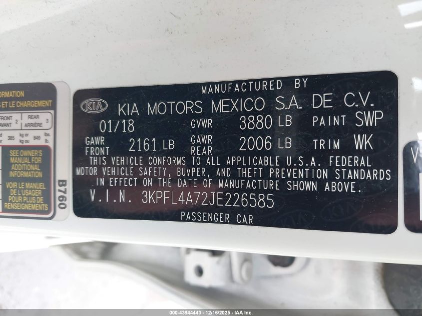 2018 Kia Forte Lx VIN: 3KPFL4A72JE226585 Lot: 43944443