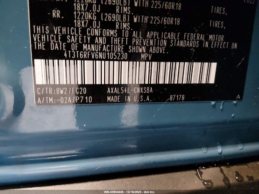 2022 Toyota Rav4 Hybrid Se VIN: 4T3T6RFV6NU105230 Lot: 43944446