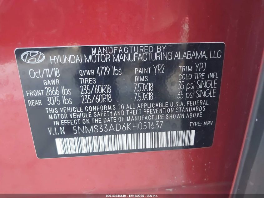 2019 Hyundai Santa Fe Sel Plus VIN: 5NMS33AD6KH051637 Lot: 43944449