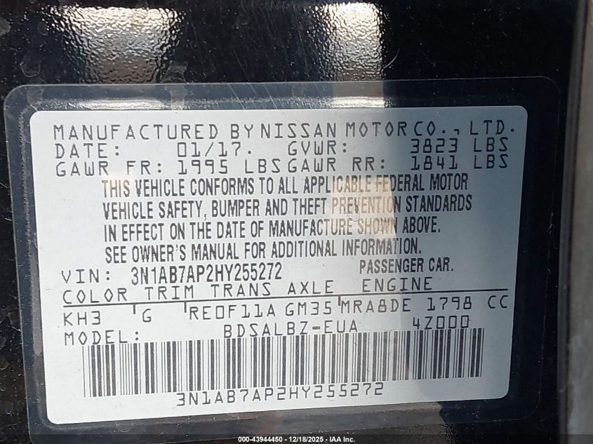 2017 Nissan Sentra S VIN: 3N1AB7AP2HY255272 Lot: 43944450