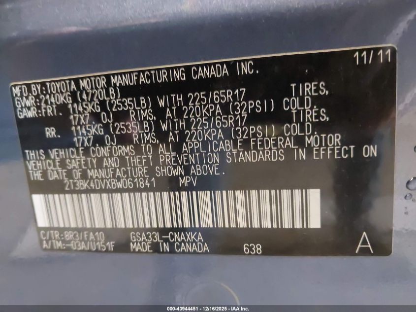 2011 Toyota Rav4 Base V6 VIN: 2T3BK4DVXBW061841 Lot: 43944451