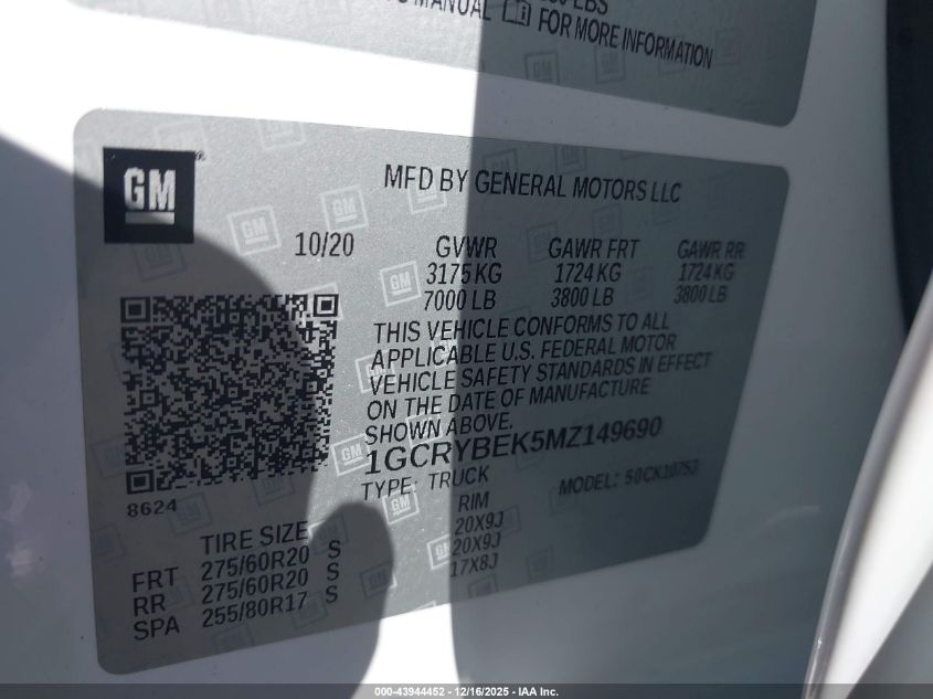 2021 Chevrolet Silverado 1500 4Wd Standard Bed Custom VIN: 1GCRYBEK5MZ149690 Lot: 43944452