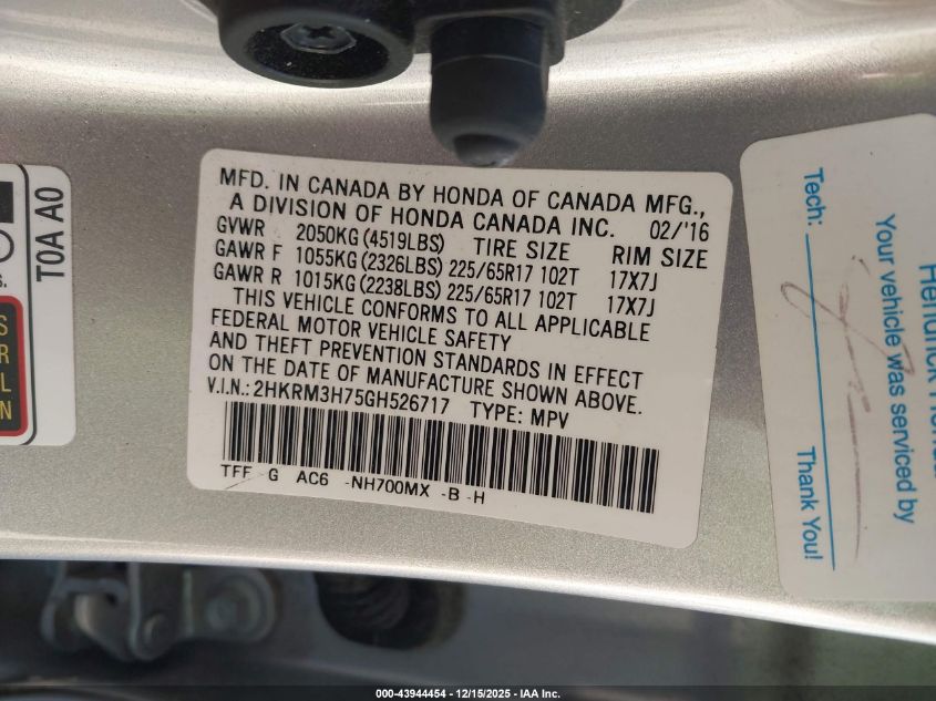 2016 Honda Cr-V Ex-L VIN: 2HKRM3H75GH526717 Lot: 43944454