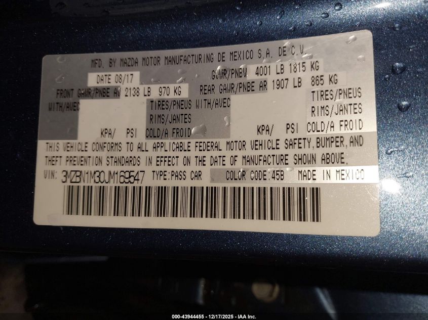 2018 Mazda Mazda3 Grand Touring VIN: 3MZBN1M30JM169547 Lot: 43944455