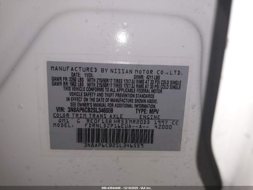 2025 Nissan Kicks Sv Intelligent Awd VIN: 3N8AP6CB2SL346559 Lot: 43944456