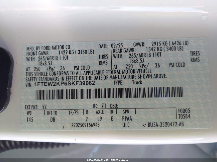 2025 Ford F-150 Stx VIN: 1FTEW2KP6SKF39062 Lot: 43944461