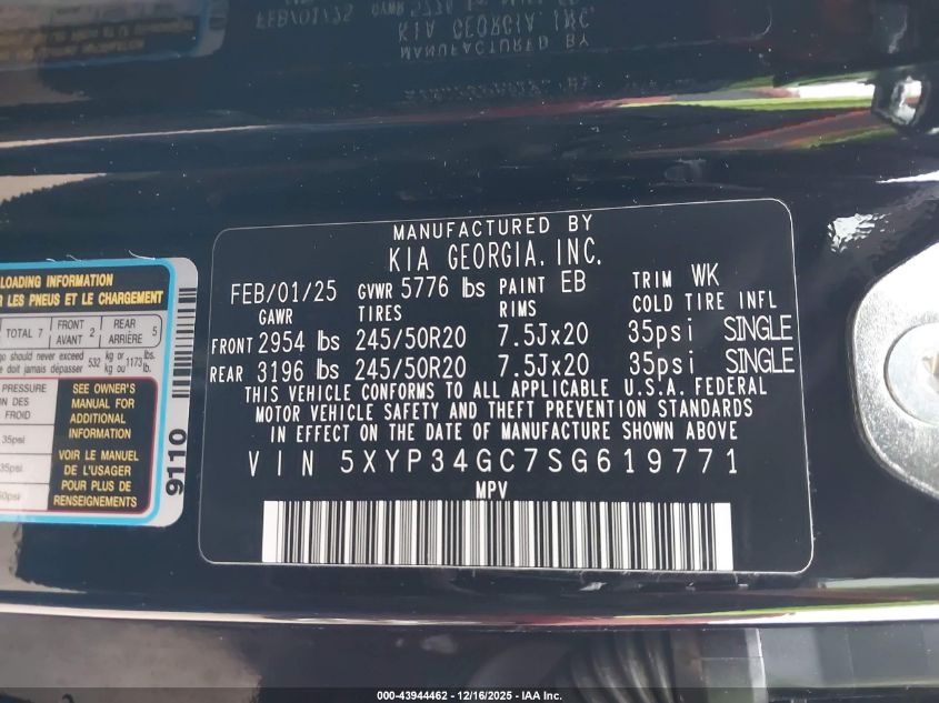 2025 Kia Telluride Ex VIN: 5XYP34GC7SG619771 Lot: 43944462