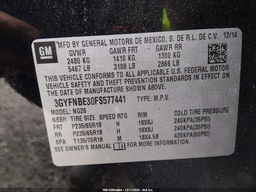 2015 Cadillac Srx Luxury Collection VIN: 3GYFNBE30FS577441 Lot: 43944464