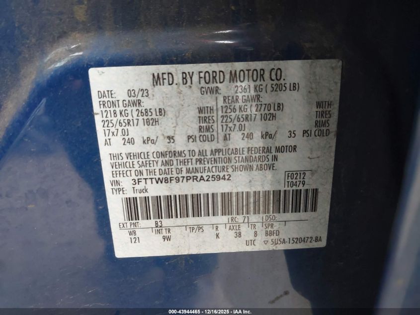 2023 Ford Maverick Xl VIN: 3FTTW8F97PRA25942 Lot: 43944465