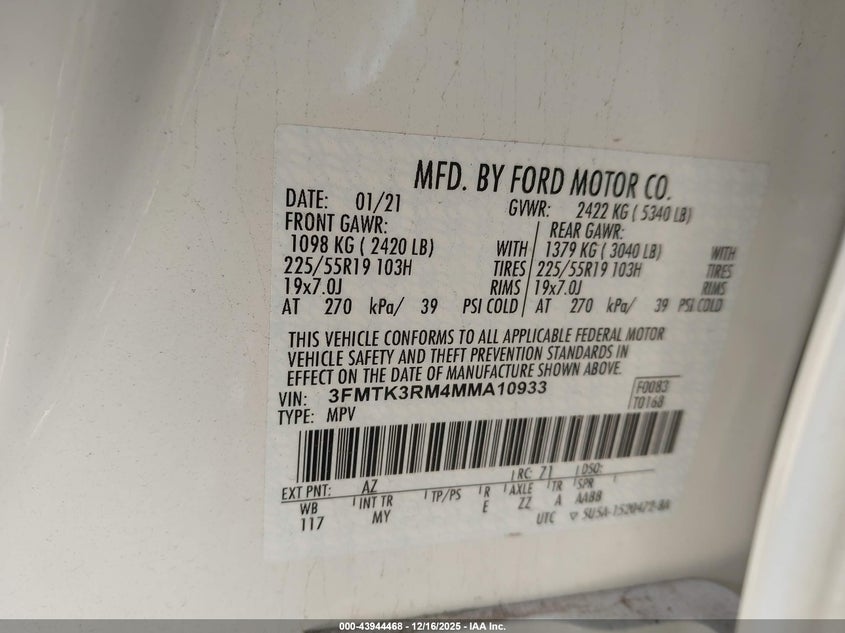 2021 Ford Mustang Mach-E Premium VIN: 3FMTK3RM4MMA10933 Lot: 43944468