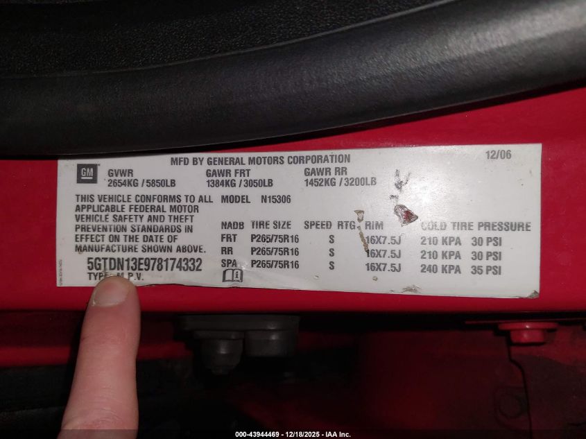 2007 Hummer H3 Suv VIN: 5GTDN13E978174332 Lot: 43944469