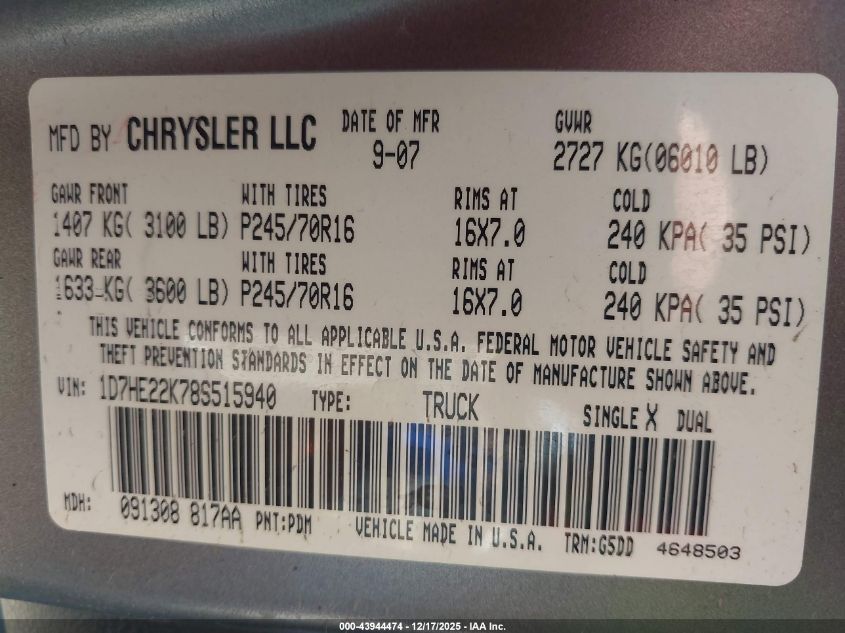 2008 Dodge Dakota St VIN: 1D7HE22K78S515940 Lot: 43944474