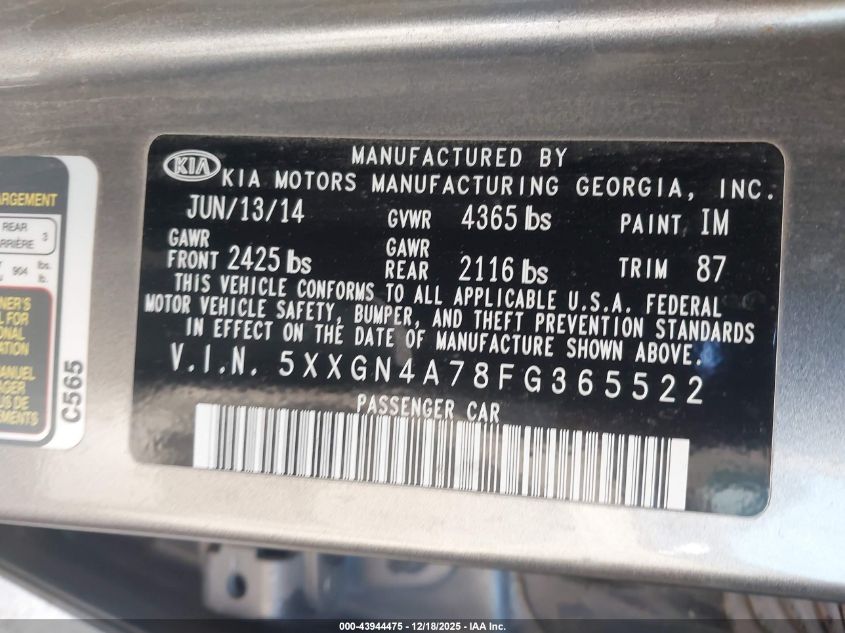 2015 Kia Optima Ex VIN: 5XXGN4A78FG365522 Lot: 43944475