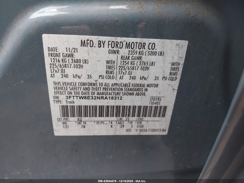 2022 Ford Maverick Xlt VIN: 3FTTW8E32NRA18312 Lot: 43944476