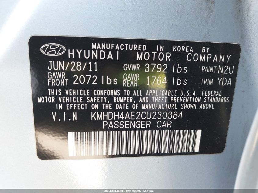 2012 Hyundai Elantra Gls (Ulsan Plant) VIN: KMHDH4AE2CU230384 Lot: 43944479
